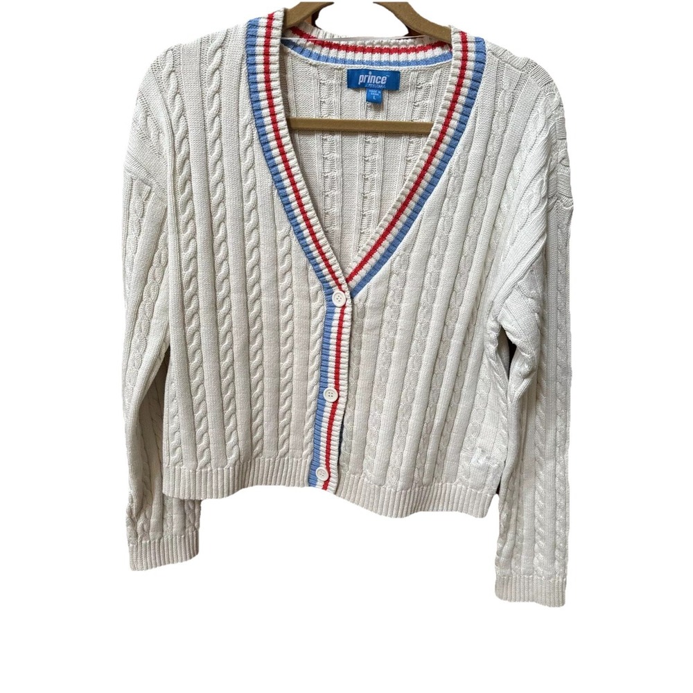 Prince‎ Pickleball Women's Size Large White Cable Knit Cardigan Sweater